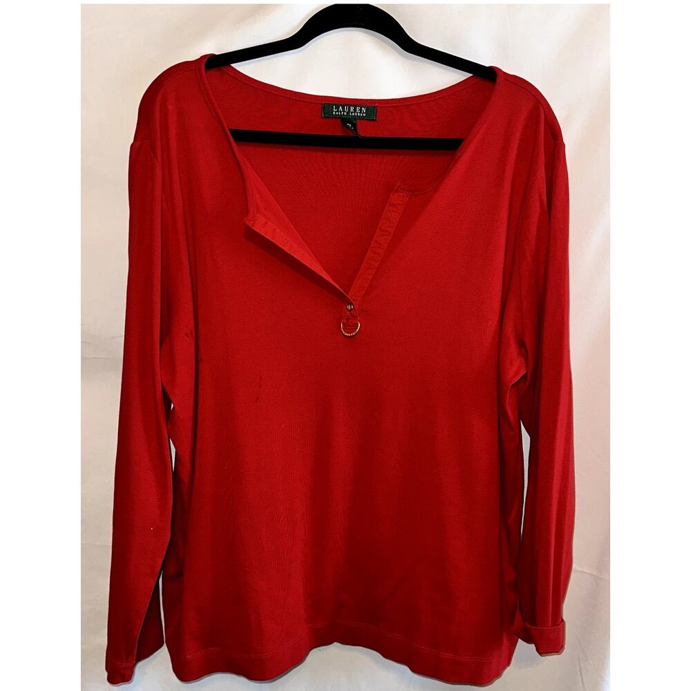 Lauren Ralph Lauren Womens Plus Size 2X Red Long Sleeve Henley VNeck Gold Detail